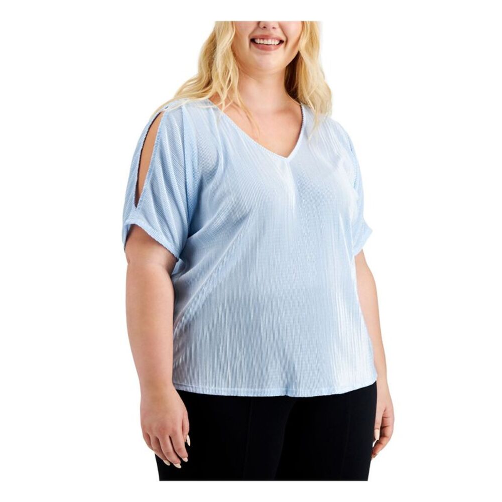 JM COLLECTION Womens Light Blue Split Sleeve Dolman Sleeve V Neck Top Plus 1X
